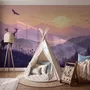 Stag mountain wallpaper with a navy deer silhouette, lavender pine ridges and a pale golden sun