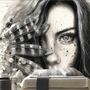 Monochrome Portrait Girl with Black Feathers Wallpaper Mural