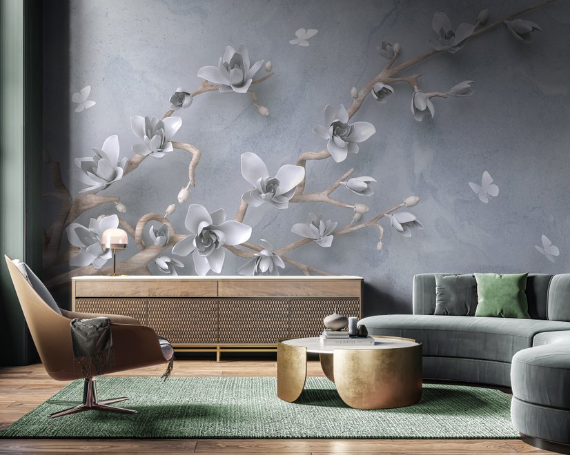 Papier peint artistique fleurs et branches de magnolia