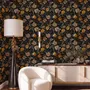 Japanese art wallpaper pattern with koi fish, gold peonies, mauve flowers and grey clouds on black