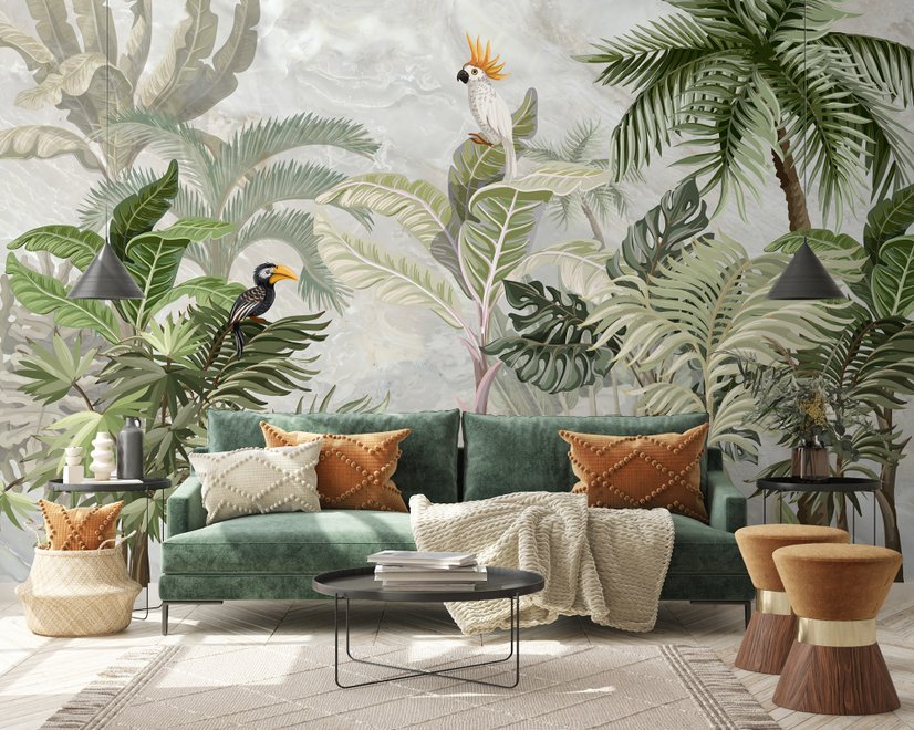 Green Tropical Forest with Parrot Wallpaper Mural