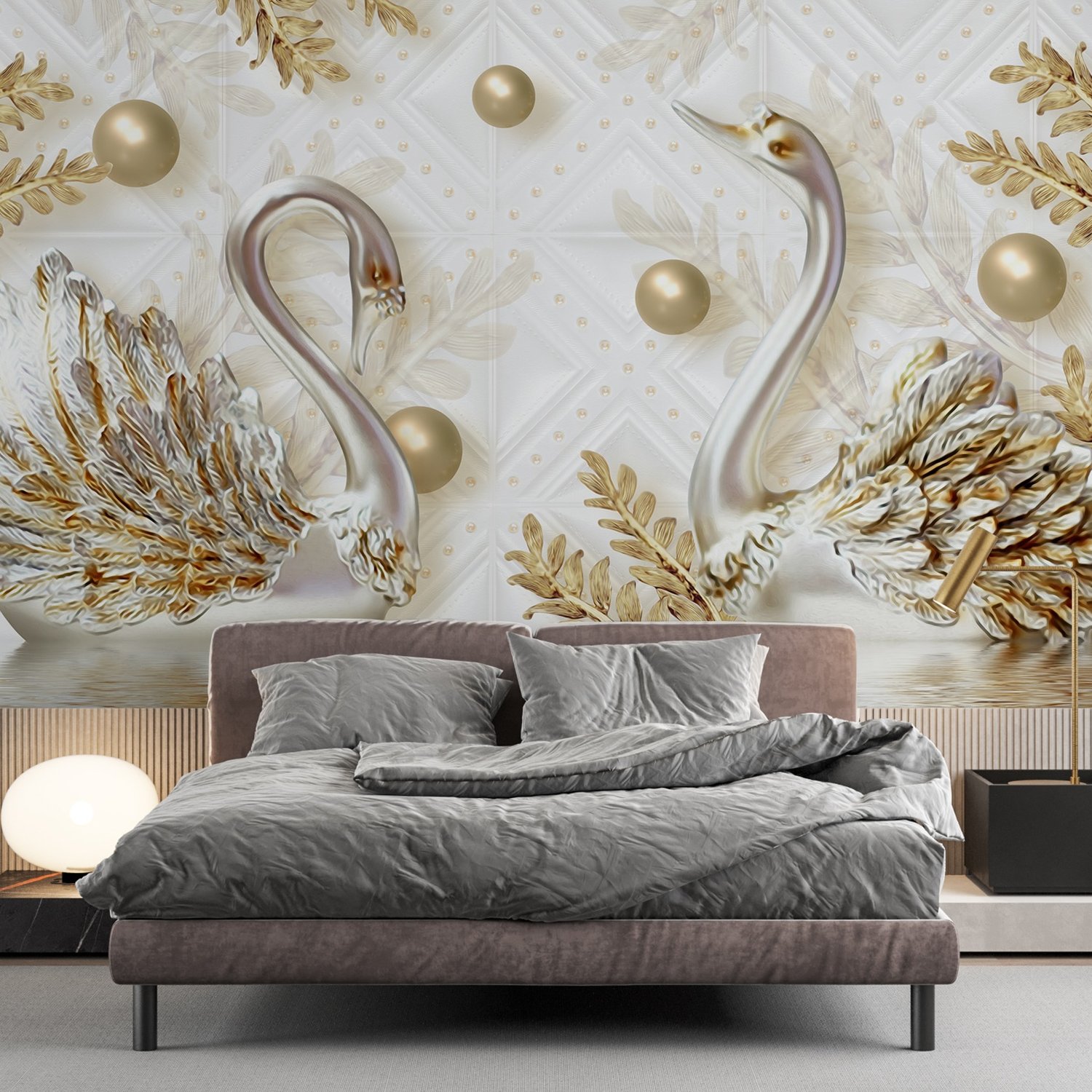 3D Look Swan and Leaf with Water Pattern Wallpaper Mural - Peel and Stick