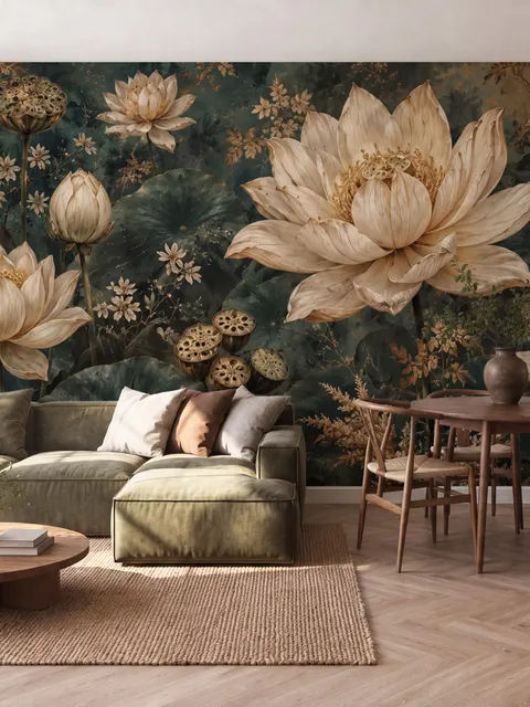 Ivory lotus flowers and seed pods on charcoal teal lily pads in a botanical lotus wallpaper mural