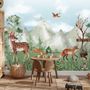 Cute Forest Animals with Kids Mountain Landscape Wallpaper Mural