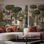 Architectural design wallpaper mural of forest treehouses, rivers, boats and small figures in green watercolour
