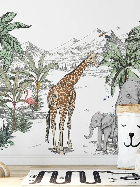 Kids Tropical Animals with Mountain Wallpaper Mural