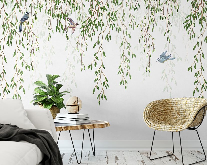 Green Hanging Leaves with Colorful Birds Wallpaper Mural