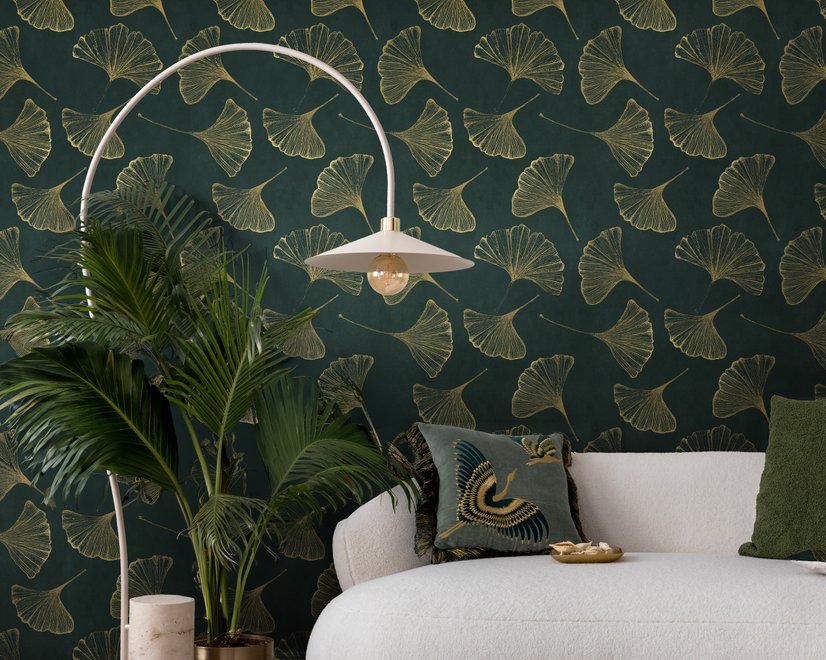 Dark green wallpaper with metallic antique-gold etched ginkgo leaves on a textured forest-green teal ground