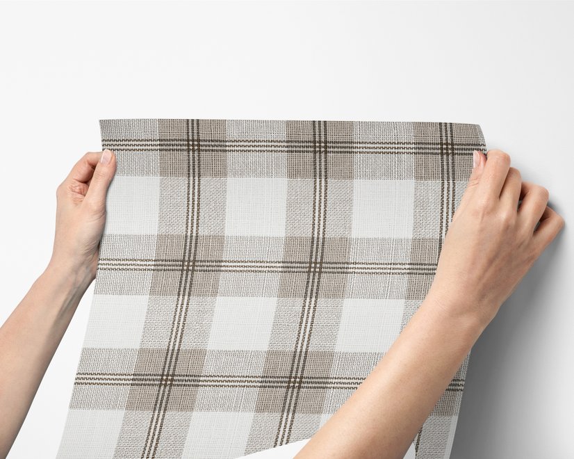 Neutral beige and brown plaid wallpaper with cream squares, taupe woven blocks and fine dark brown lines