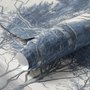 Blue forest background wallpaper mural with coastal trees, sea water and small white sailboats