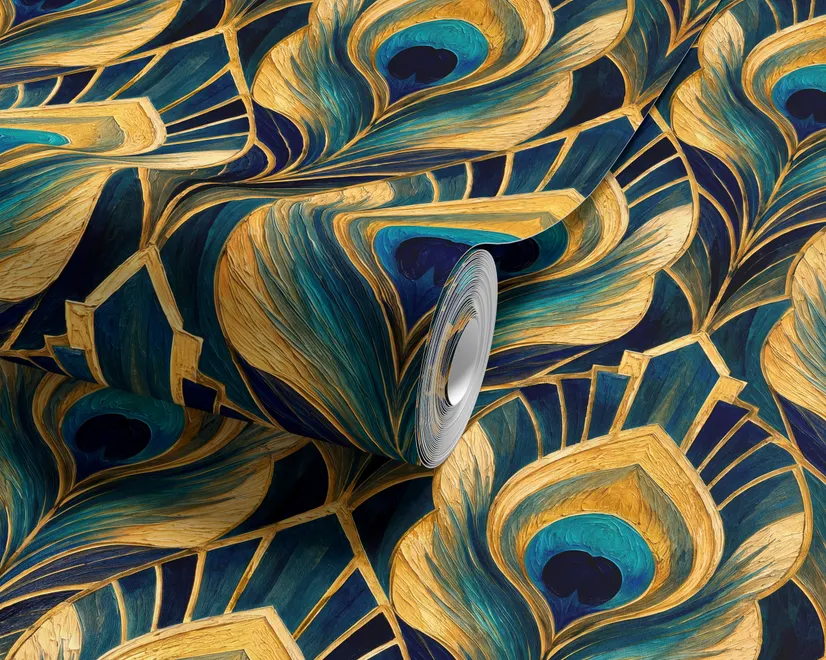 Art Deco feathers wallpaper with turquoise peacock eyes, gold plumes and navy teal ground