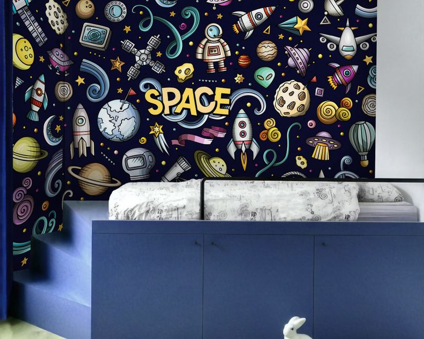 Kids Cartoon Space with Astronaut and Colorful Planets Wallpaper Mural
