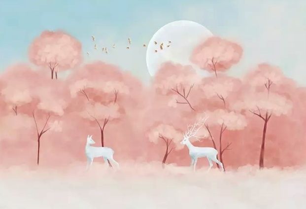 Fototapete Rosa Wald und Geweihter Hirsch