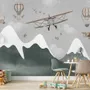 Papier peint panoramique Montagne enneigée avec avion et ballons pour enfants