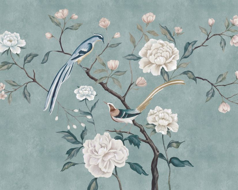 Vintage Peony Floral and Swallow Wallpaper Mural