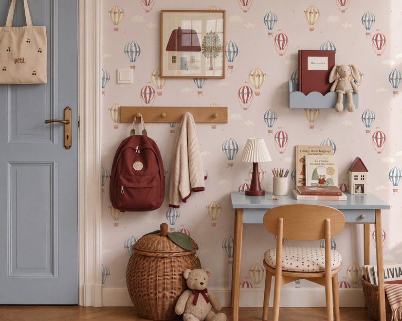Hot air balloon nursery room wallpaper with watercolour balloons, clouds and stars on a soft blush-pink ground