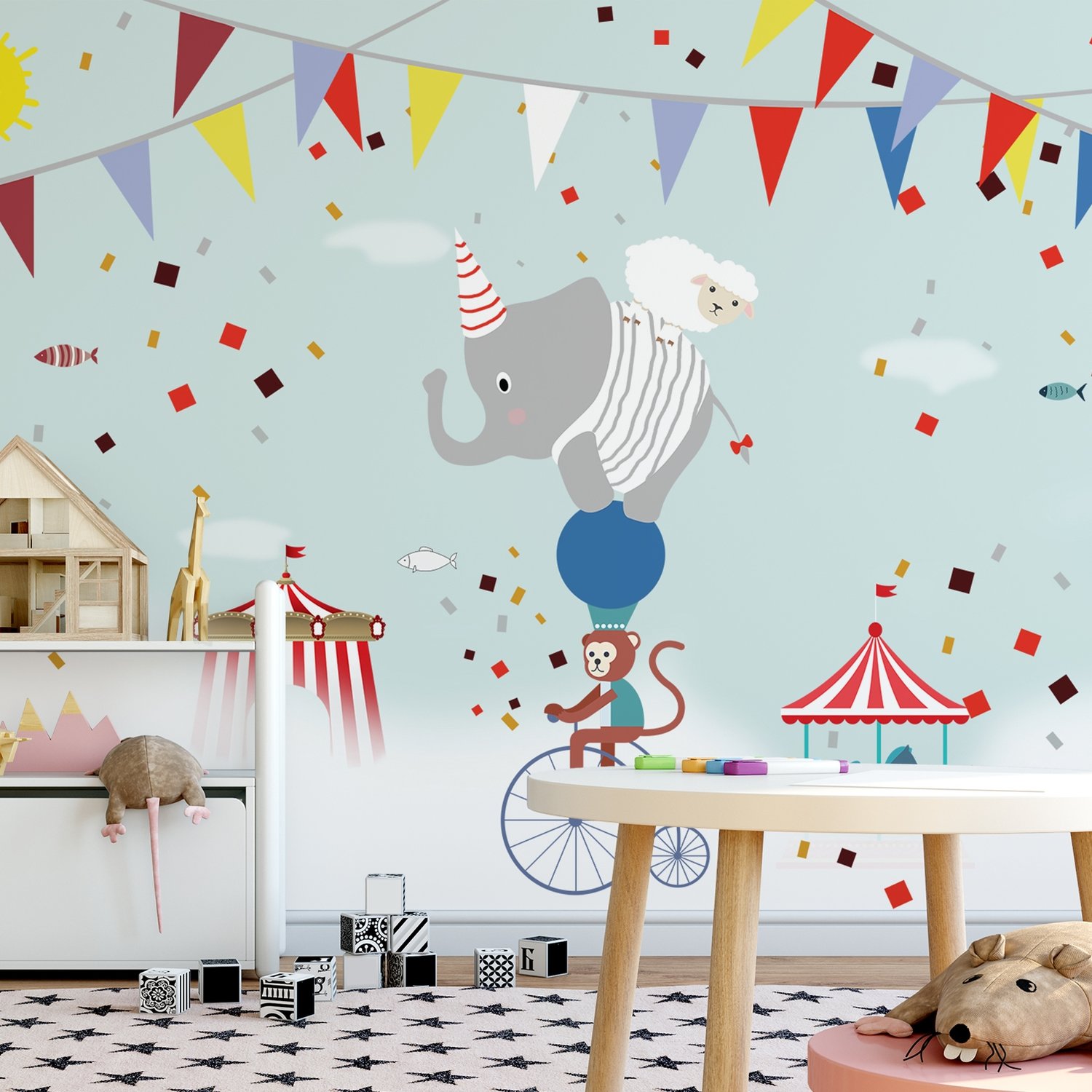 Colorful Circus with Animals Wallpaper Mural - Peel and Stick