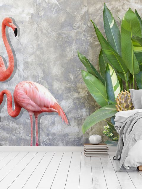 Papier peint panoramique flamant rose effet 3D avec feuilles tropicales