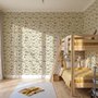 Watercolor fish wallpaper with grey-blue fish, seafoam seaweed, starfish and bubbles on warm cream