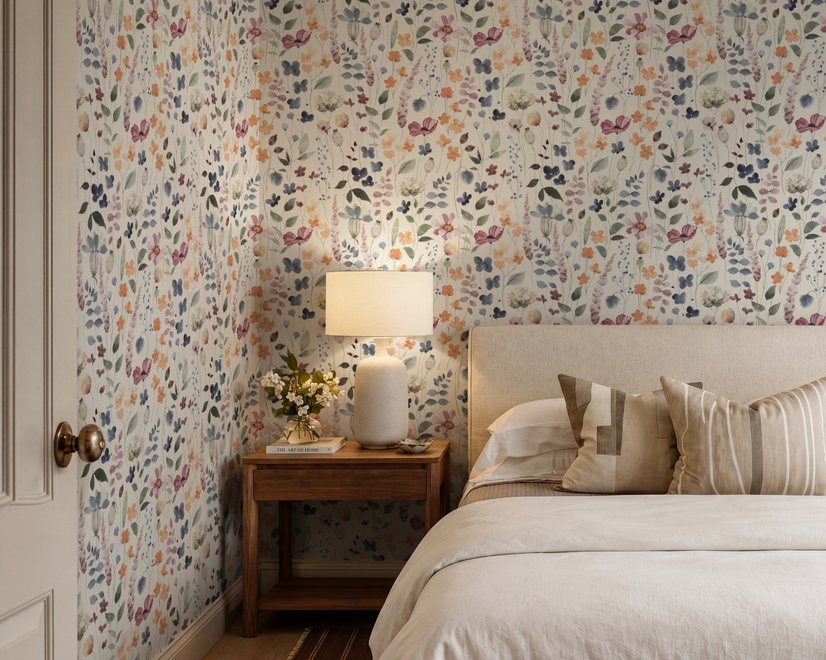 Watercolour floral wallpaper repeat with navy, blue, blush and peach wildflowers on warm cream