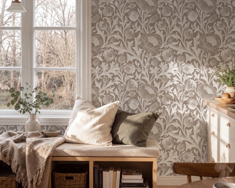 Greige botanical wallpaper with white watercolour flowers, buds, seed heads and acanthus leaves