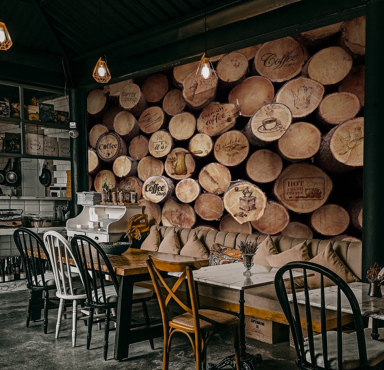Coffee Shop with Wood Wall Wallpaper Mural - Peel and Stick