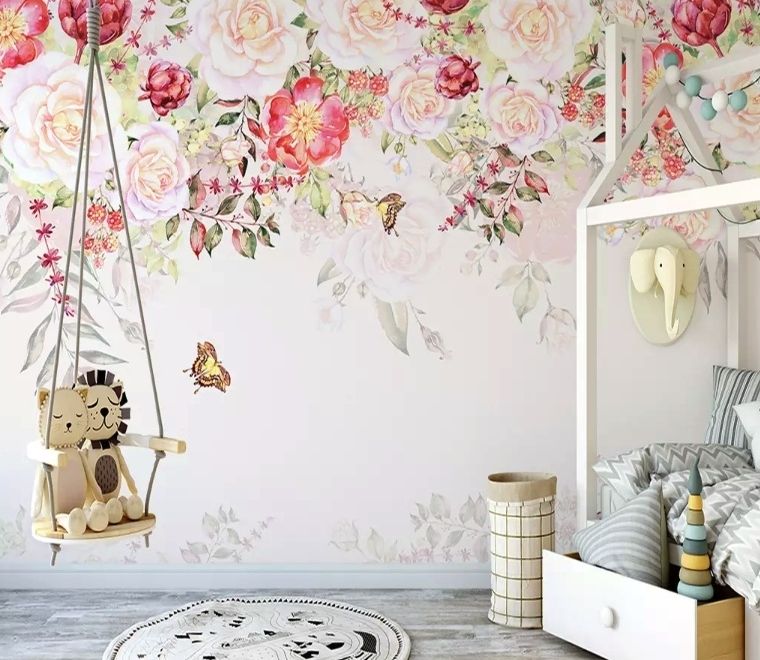 Pink Flowers and Butterflies Wallpaper Mural