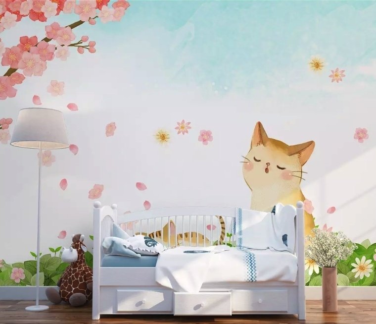 Fototapete Kirschblüten und Cartoon-Katzen