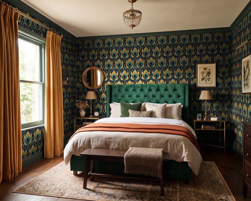 Art Deco feathers wallpaper with turquoise peacock eyes, gold plumes and navy teal ground