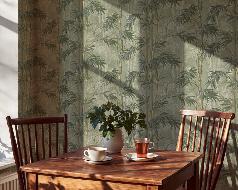 Light green and blue wallpaper with painted sage bamboo canes, olive leaves and pale celadon foliage ground