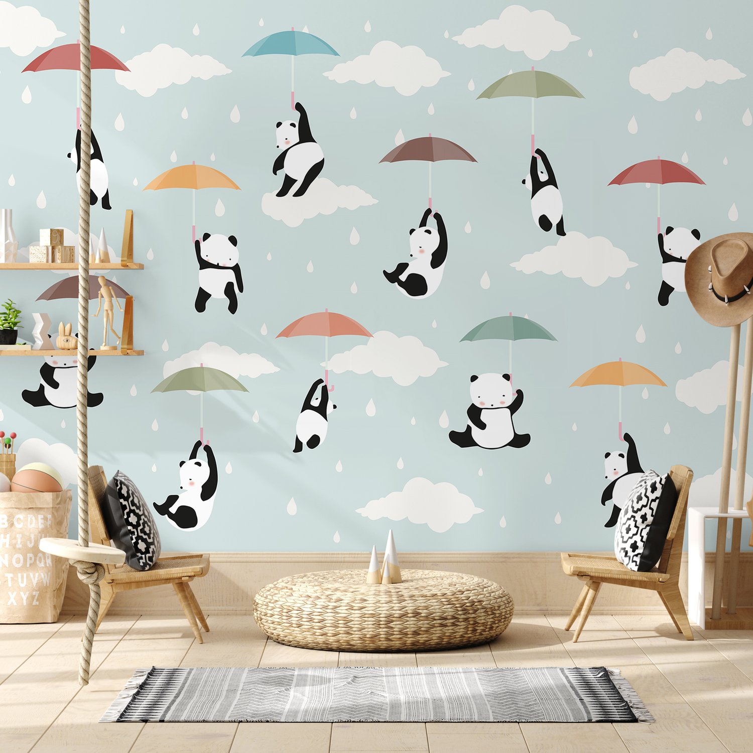 Kids Pandas With Colorful Umbrella Wallpaper Mural - Peel and Stick
