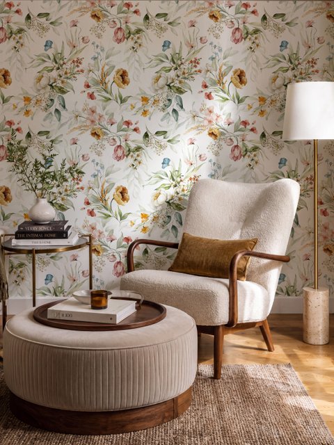 Watercolour floral wallpaper with sage leaves, blush and ochre flowers on a white ground