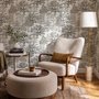 Monochrome wallpaper with grey tree toile on a clean white ground