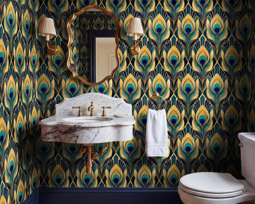 Art Deco feathers wallpaper with turquoise peacock eyes, gold plumes and navy teal ground