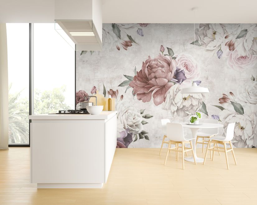 Papier peint floral à motif de pivoines douces