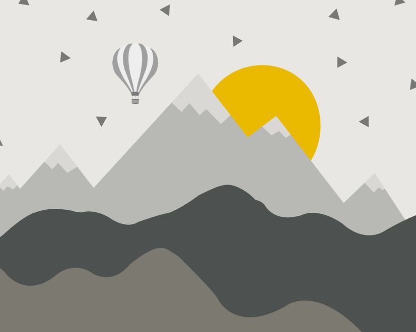 Kinder Graue Geometrische Berglandschaft und Heißluftballon Fototapete