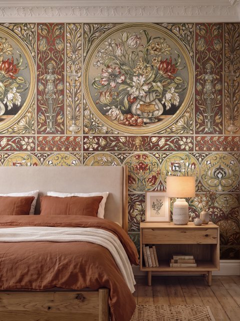 Antique style wallpaper mural with tulip vase medallion, floral tile panels and burgundy borders