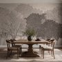 Misty forest nature wallpaper mural in greige, taupe and charcoal watercolour with birds