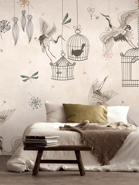 Japanese Crane Birds and Empty Cages Wallpaper Mural