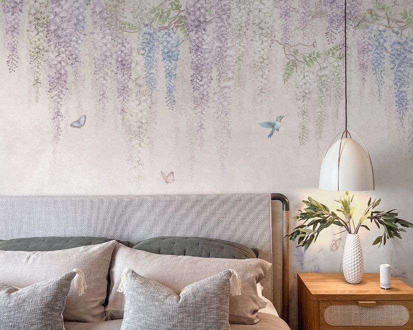 Watercolor Hanging Wisteria Flowers with Hummingbirds Wallpaper Mural 