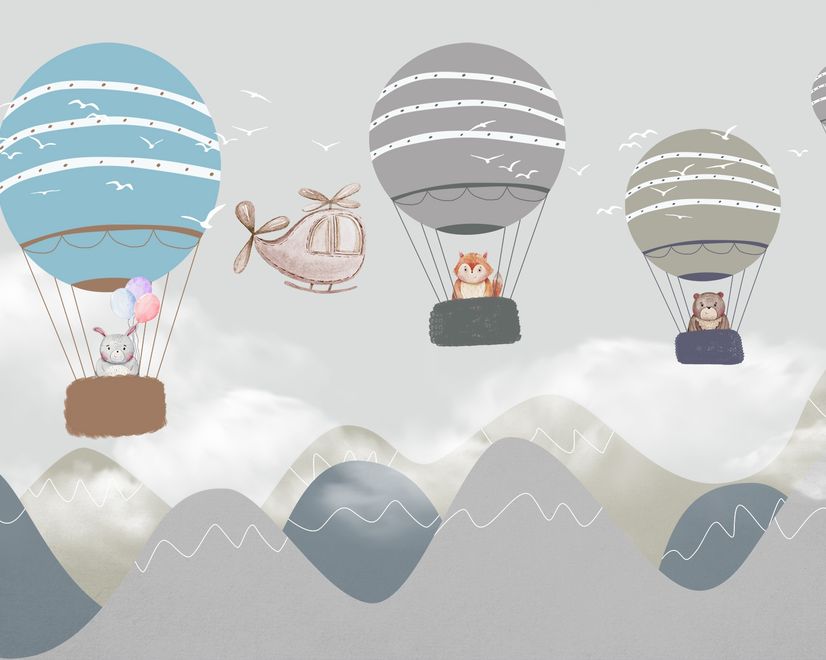 Papier peint panoramique montgolfière et avion cartoon pour enfants