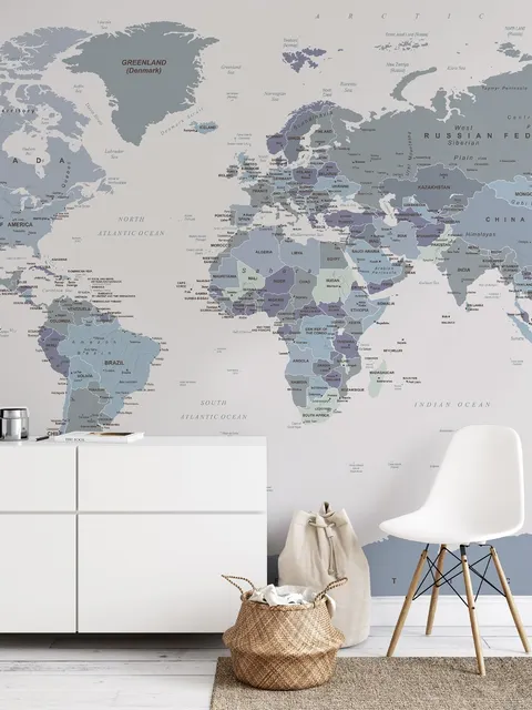 White and Purple Political World Map Wallpaper Mural