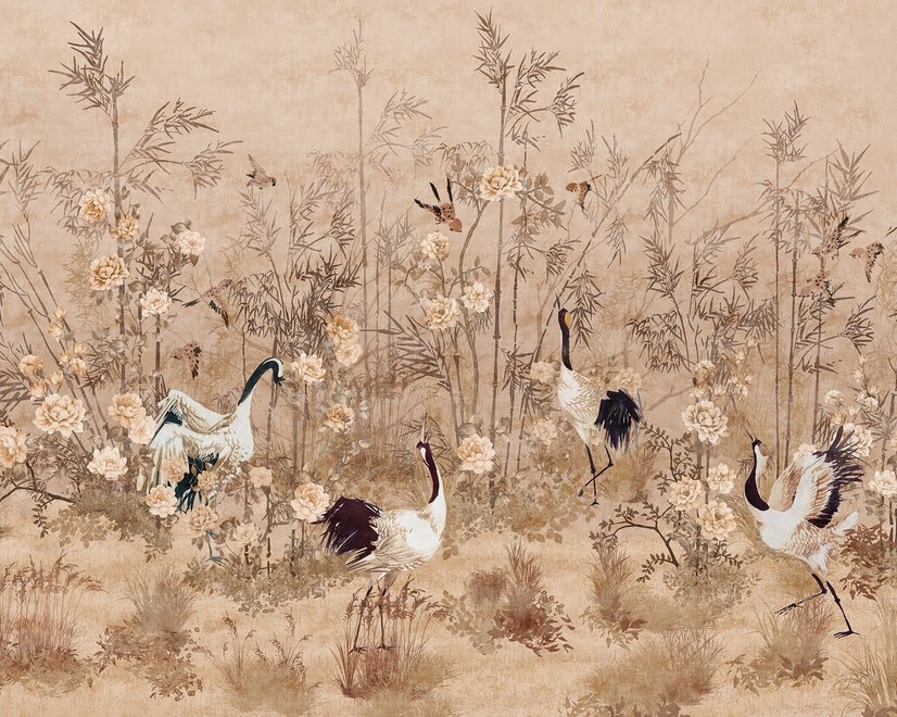 Chinesische Pfingstrosenblüten und Bambuslandschaft mit Kranichen Fototapete