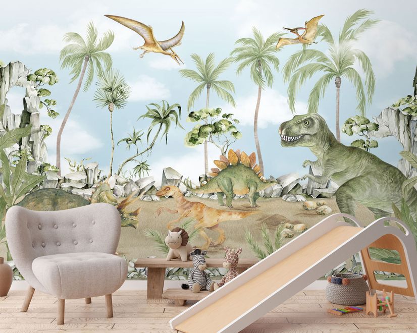 Jurassic World Aquarell Dinosaurier für Kinder prähistorische Tiere Fototapete