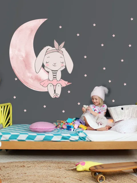 Kids Watercolor Cute Rabbit and Pink Moon with Little Stars Wall Decal Sticker