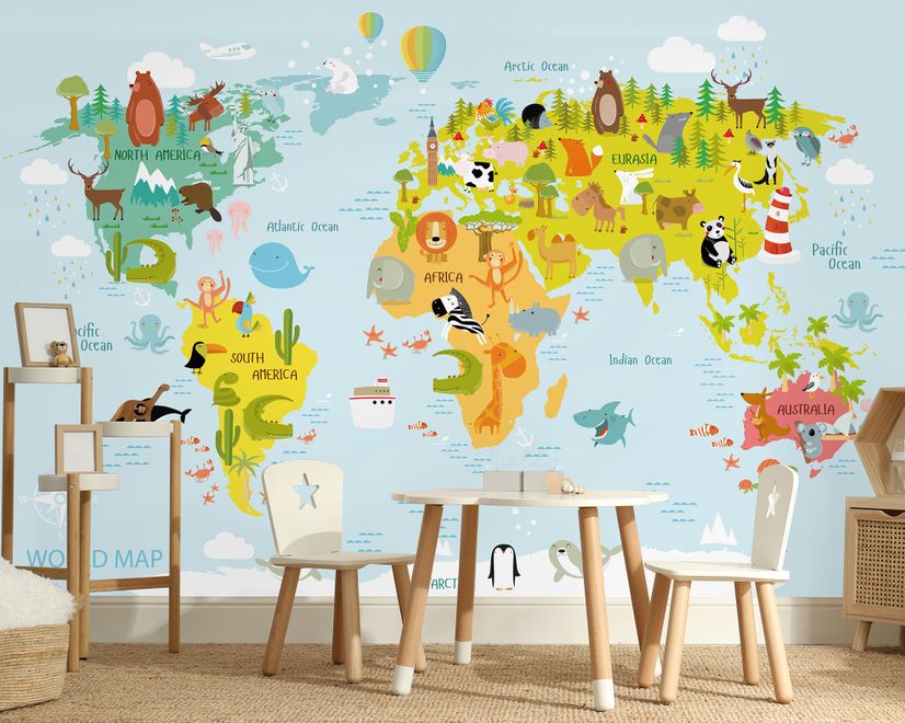Сolorful Kids World Map with Animals Wallpaper Mural