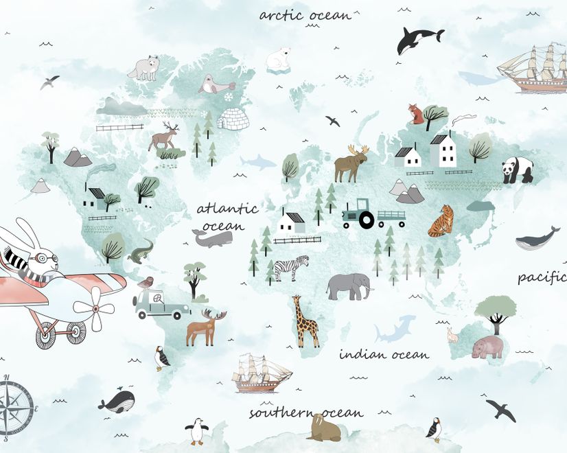 Papier peint  panoramique carte monde bleue animaux lapin volant enfants