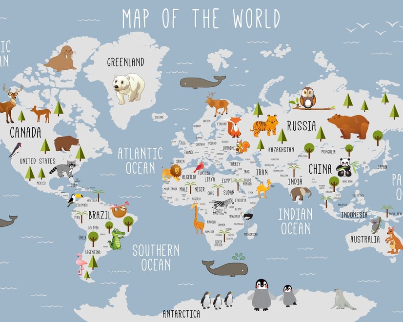 Kids World Map with Animals Wallpaper Mural