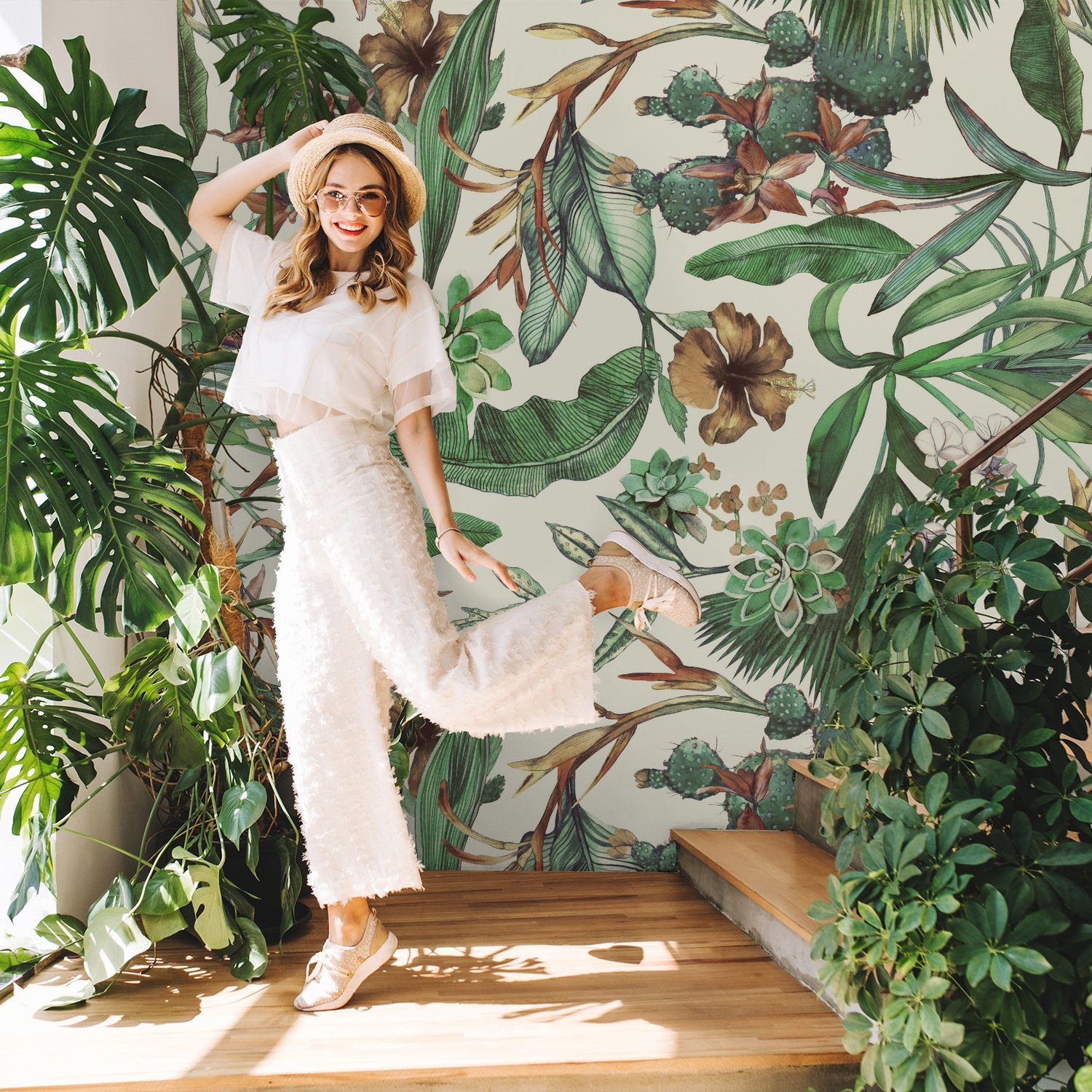 Watercolor Green Tropical Leaves Wallpaper Mural - Peel and Stick