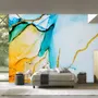 Blue Yellow Watercolor Brush with Modern Lines Wallpaper Mural